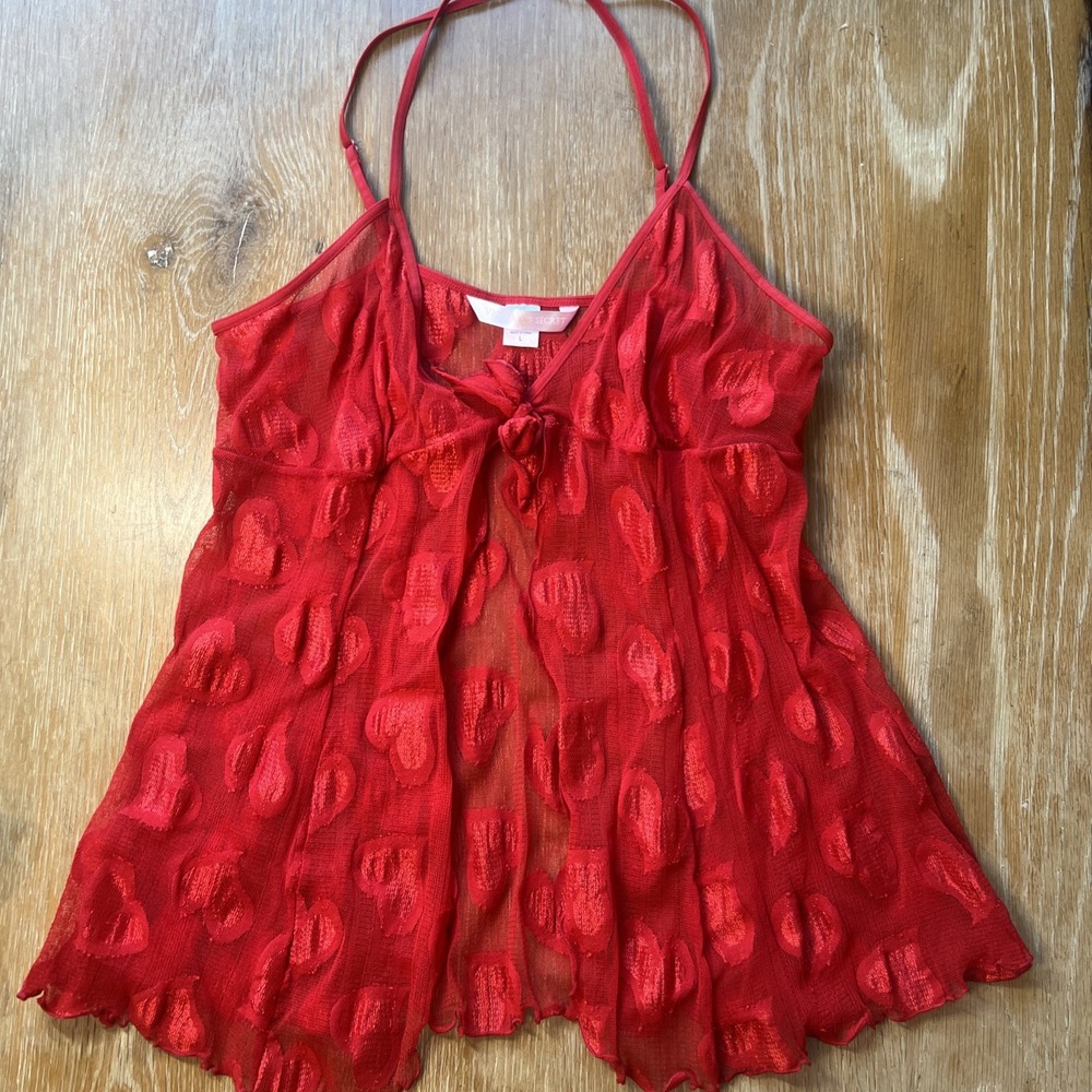 Victoria's‎ Secret Babydoll Lingerie Red Mesh Lace Hearts Open Large Nightie